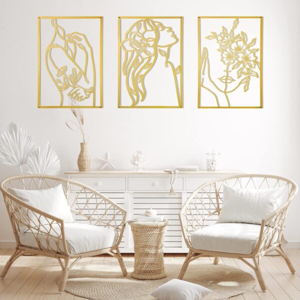 3-Piece Gold Metal Wall Art, Minimalist Female Line Art, 15″, Bedroom & Living Room Decor