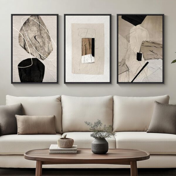 Set of 3 Framed Abstract Canvas Prints, Neutral Black & Beige, 16×24″, Modern Wall Art