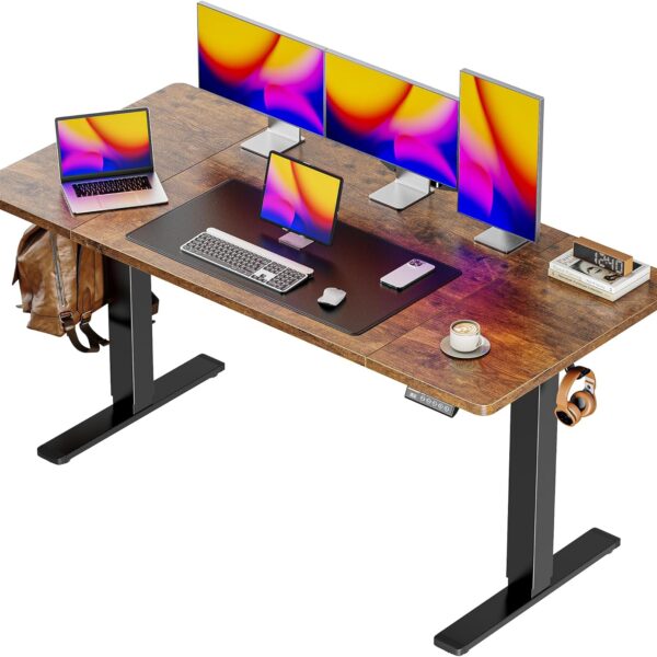 55×28″ Electric Height-Adjustable Standing Desk, Rustic Brown, 3 Preset Heights, Desktop Hooks