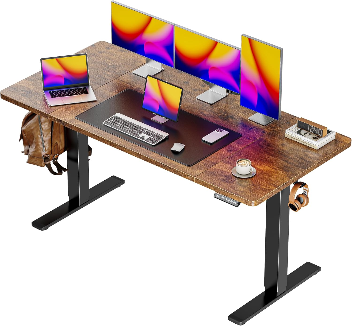 55×28″ Electric Height-Adjustable Standing Desk, Rustic Brown, 3 Preset Heights, Desktop Hooks