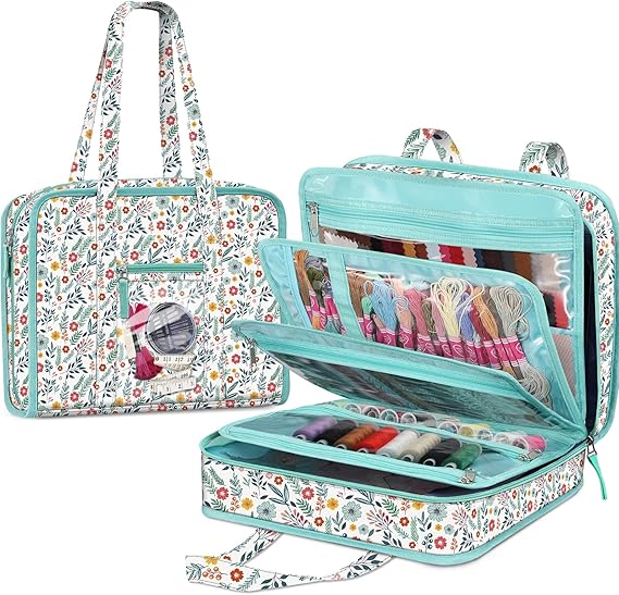 Large Sewing & Craft Storage Tote, Travel Organizer Bag with Clear Pockets & Handle