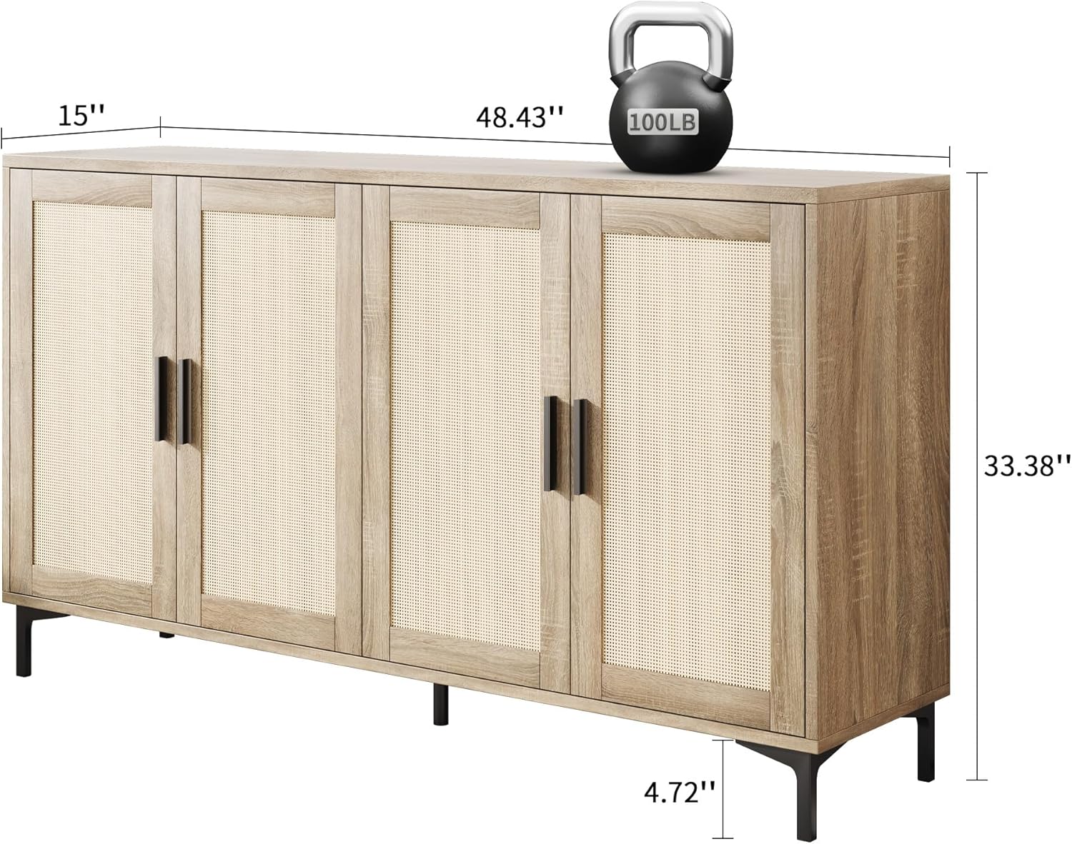 Rattan Door Sideboard Cabinet, Kitchen Buffet & Coffee Bar, 4 Doors, Natural - Image 3