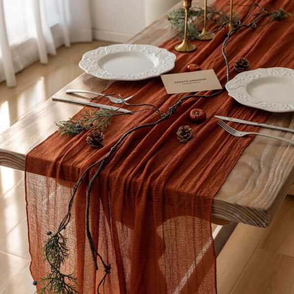 120-Inch Fall Thanksgiving Table Runner, Rustic Burnt Orange Sheer Cheesecloth, Party & Home Centerpiece Decor