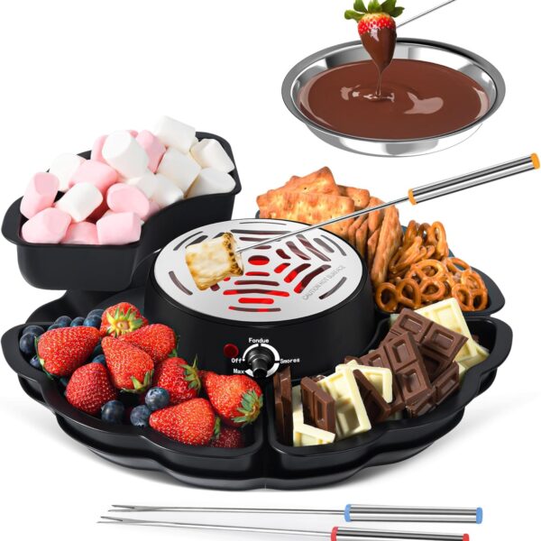 2-in-1 Electric S’mores Maker & Fondue Pot, Indoor Tabletop Kit with Temperature-Controlled Heater, 4 Forks & Detachable Trays