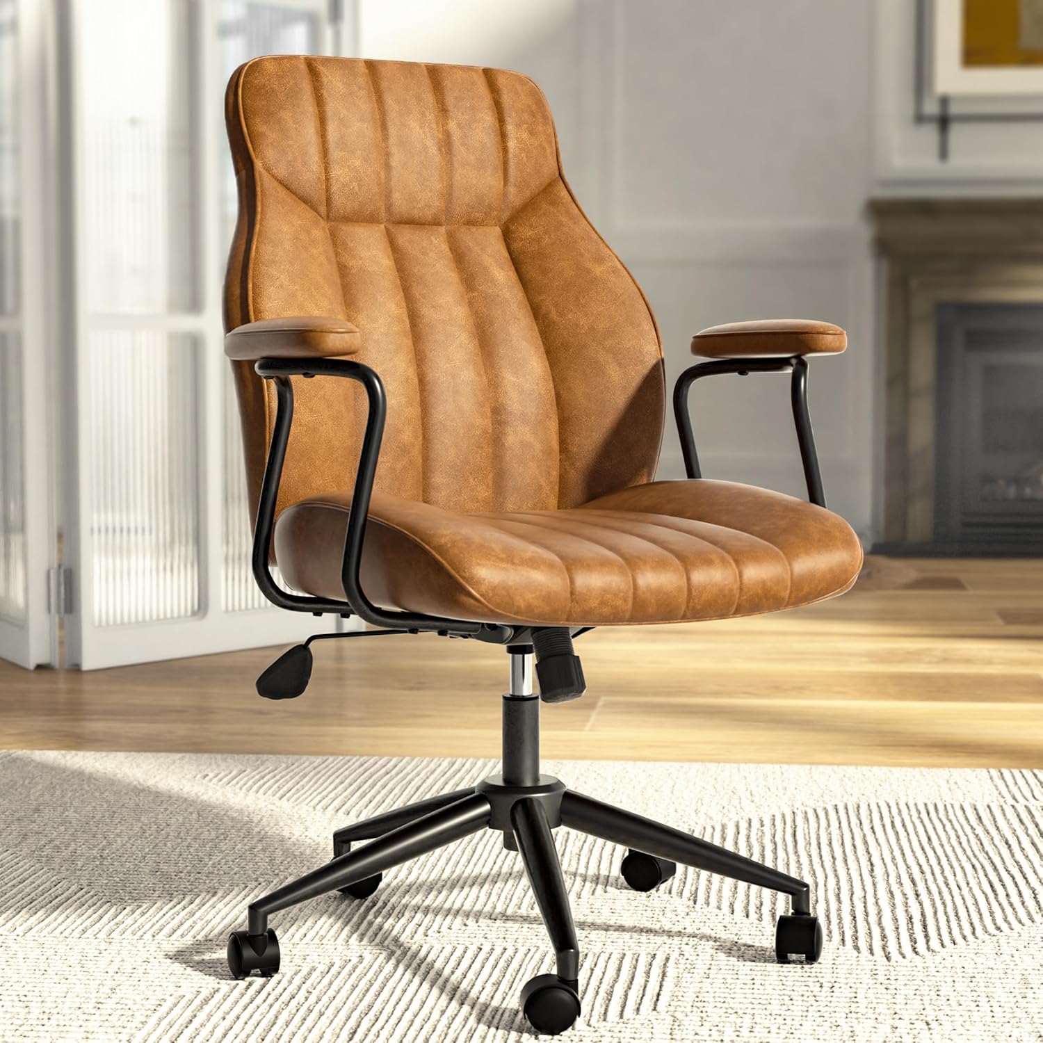 Brown Leather Office Chair, Mid-Century Modern, Adjustable Height, With Arms & Wheels
