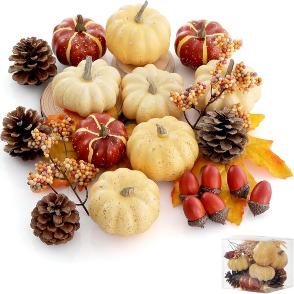 23-Piece Fall Pumpkin Decor Set with Mini Pumpkins, Acorns, Pinecones, Berries & Maple Leaves for Tabletop, DIY, Halloween & Thanksgiving Decor