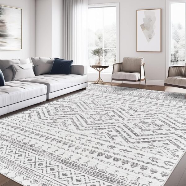 8×10′ Moroccan-Style Washable Area Rug, Grey, Low-Pile, Non-Slip, Bedroom & Living Room
