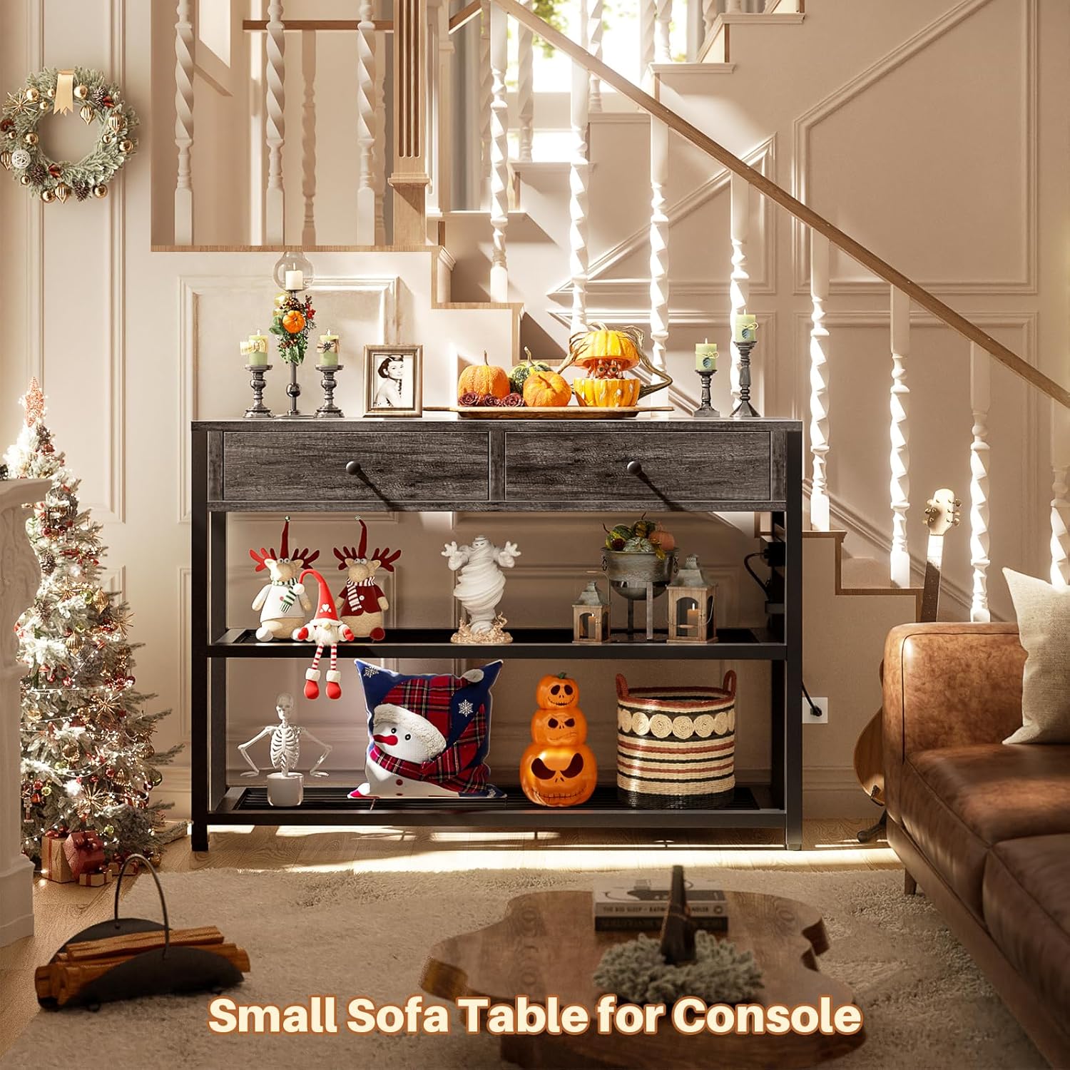 32″ Entryway Console Table with Outlets & USB, 2 Drawers, Grey Oak - Image 4