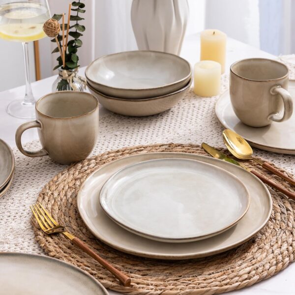 12-Piece Ceramic Dinnerware Set for 4, Handmade Reactive Glaze Stoneware Plates & Bowls, Chip & Crack Resistant, Dishwasher & Microwave Safe