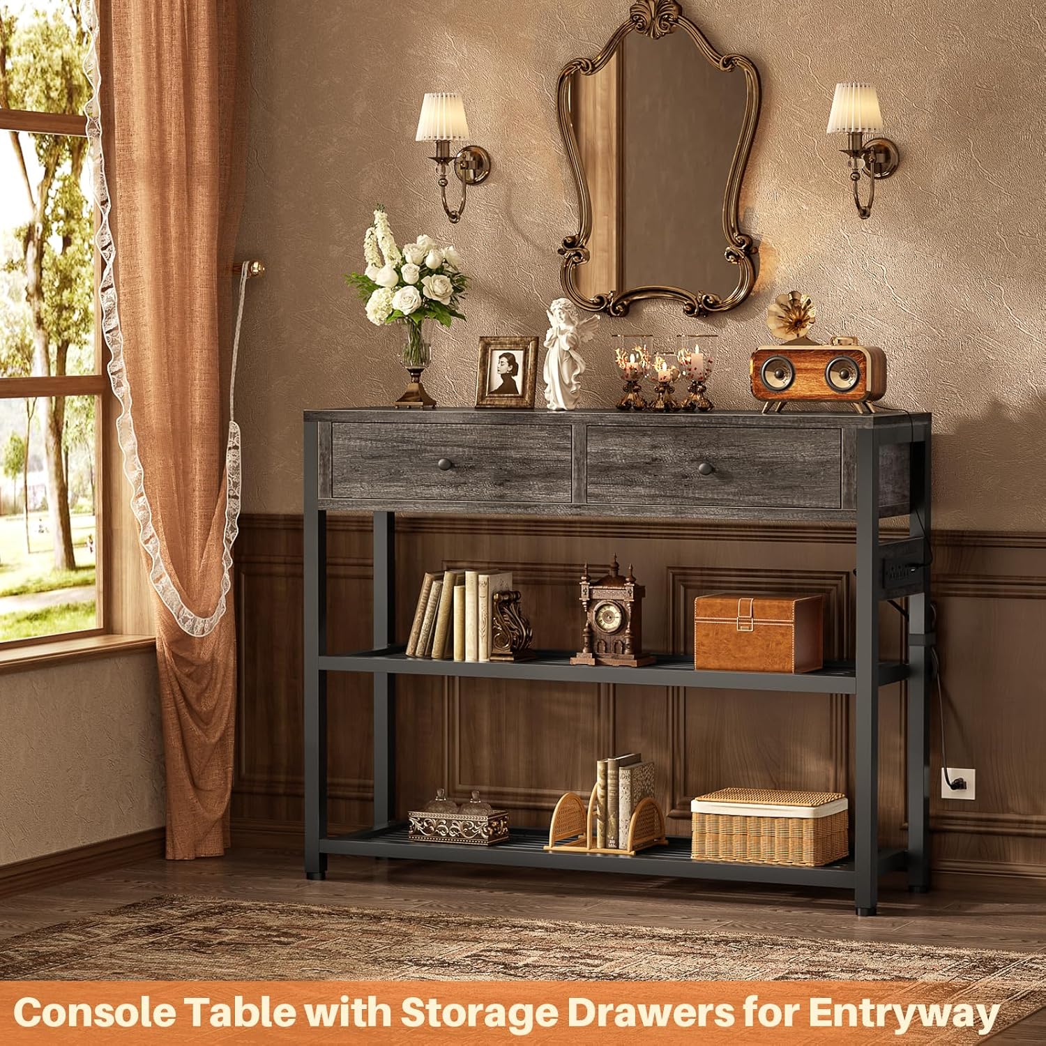 32″ Entryway Console Table with Outlets & USB, 2 Drawers, Grey Oak - Image 2