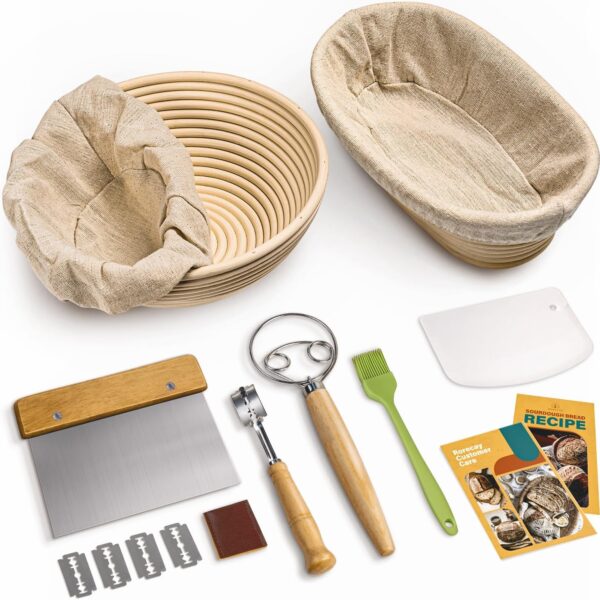 Bread Proofing Basket Set, 9″ Round & 10″ Oval Cane Baskets with Dough Whisk, Lame, Scrapers & Silicone Brush