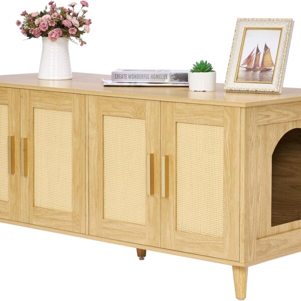 Boho Cat Litter Box Enclosure for 2 Cats, Wooden Pet House with Rattan Doors, Natural, 47.2″×19.7″×21.7″