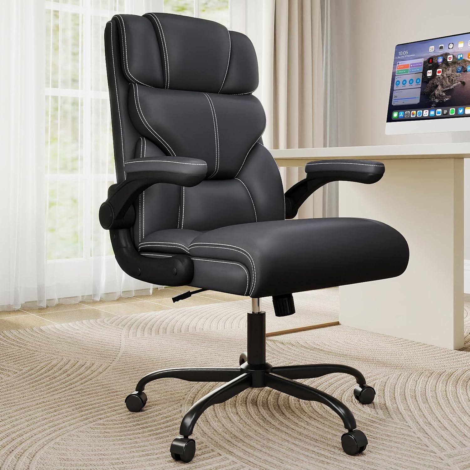 Executive Leather Office Chair, Mid-High Back, Ergonomic Lumbar, Flip-Up Armrests, 400lbs, Swivel & Rocking