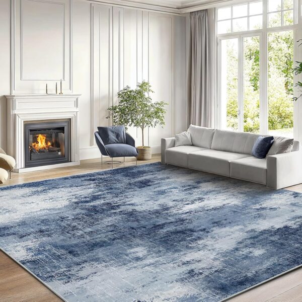 8×10′ Modern Abstract Area Rug, Dark Blue, Washable, Low-Pile, Non-Slip, Bedroom & Living Room