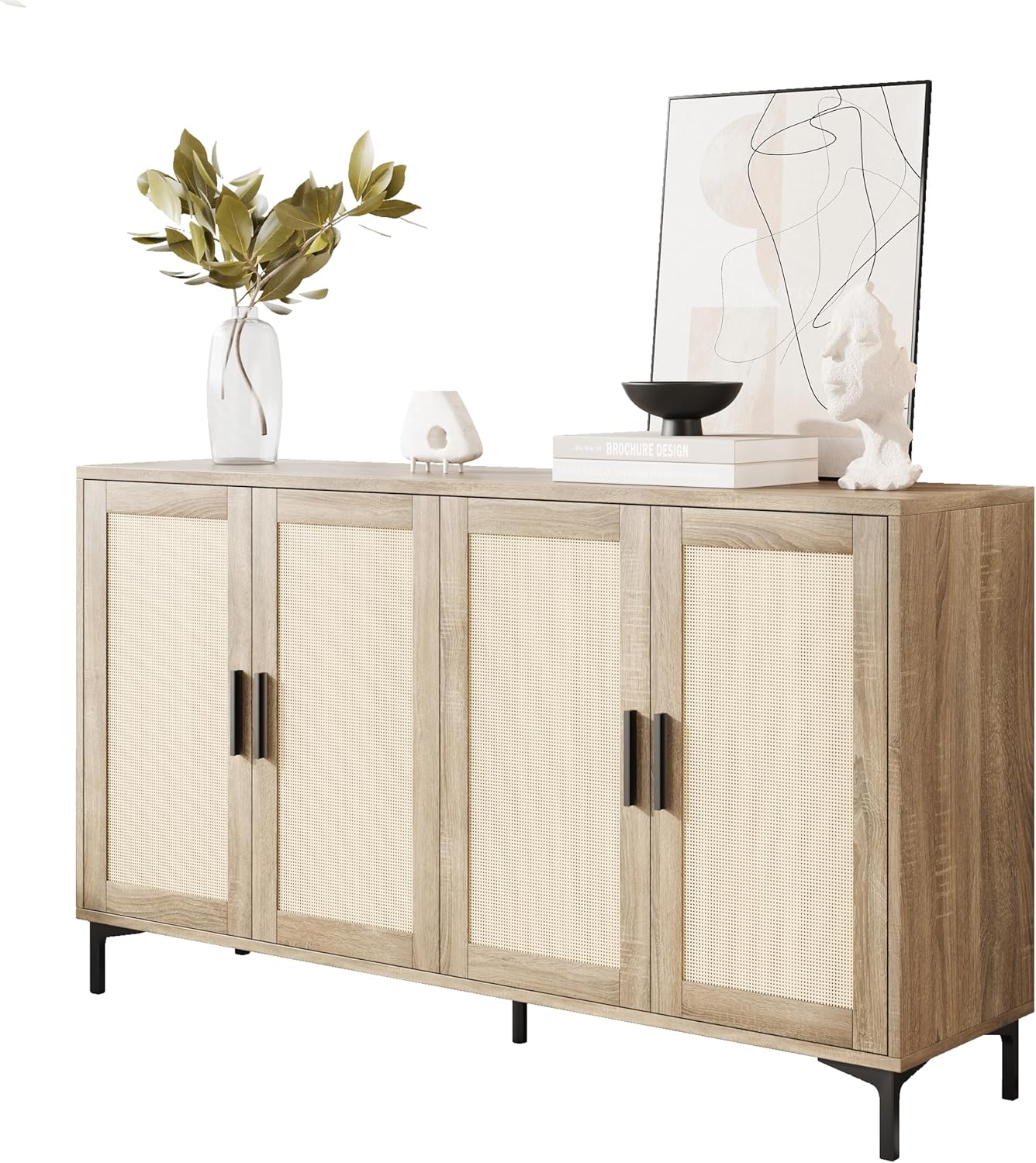 Rattan Door Sideboard Cabinet, Kitchen Buffet & Coffee Bar, 4 Doors, Natural - Image 4