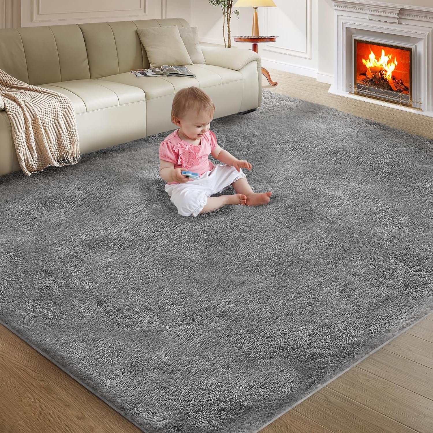 5×8′ Grey Shag Area Rug, Ultra-Soft, Fluffy, Anti-Skid, Bedroom & Living Room - Image 4