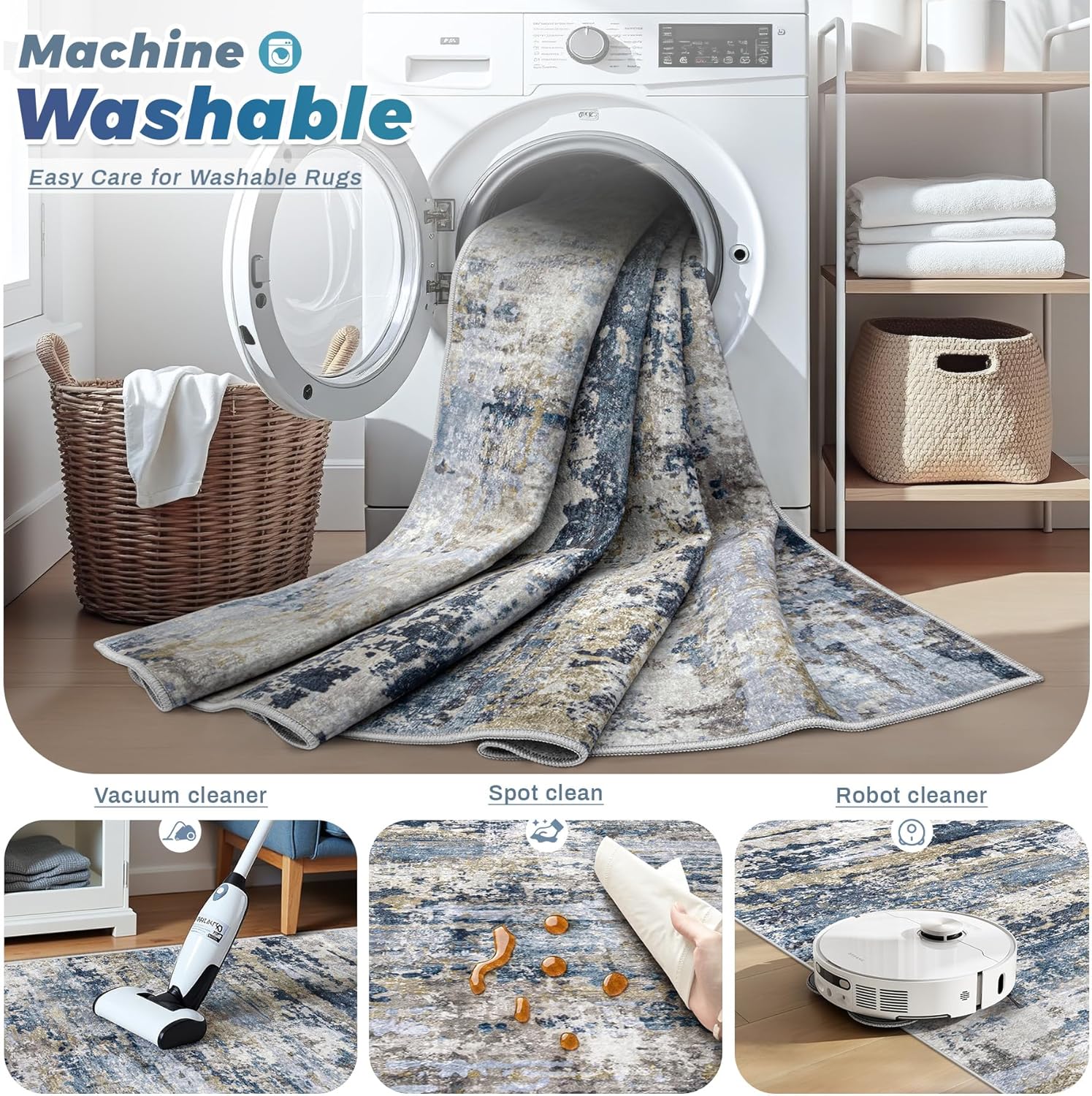 8×10′ Modern Abstract Area Rug, Washable, Soft Low-Pile, Non-Slip, Blue-Grey-Brown - Image 3