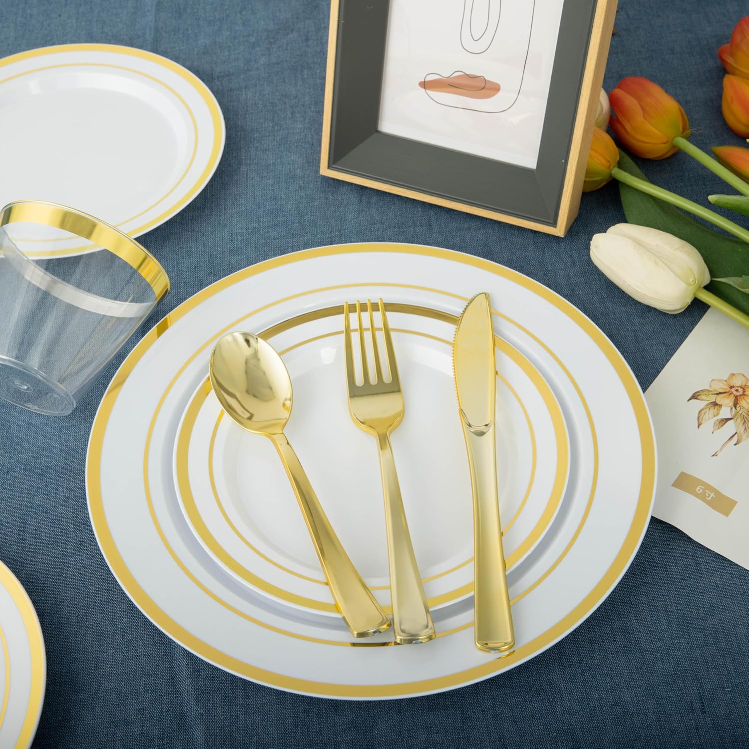 600-Piece Gold Disposable Dinnerware Set for 100 Guests, Plates, Cups & Cutlery - Image 2