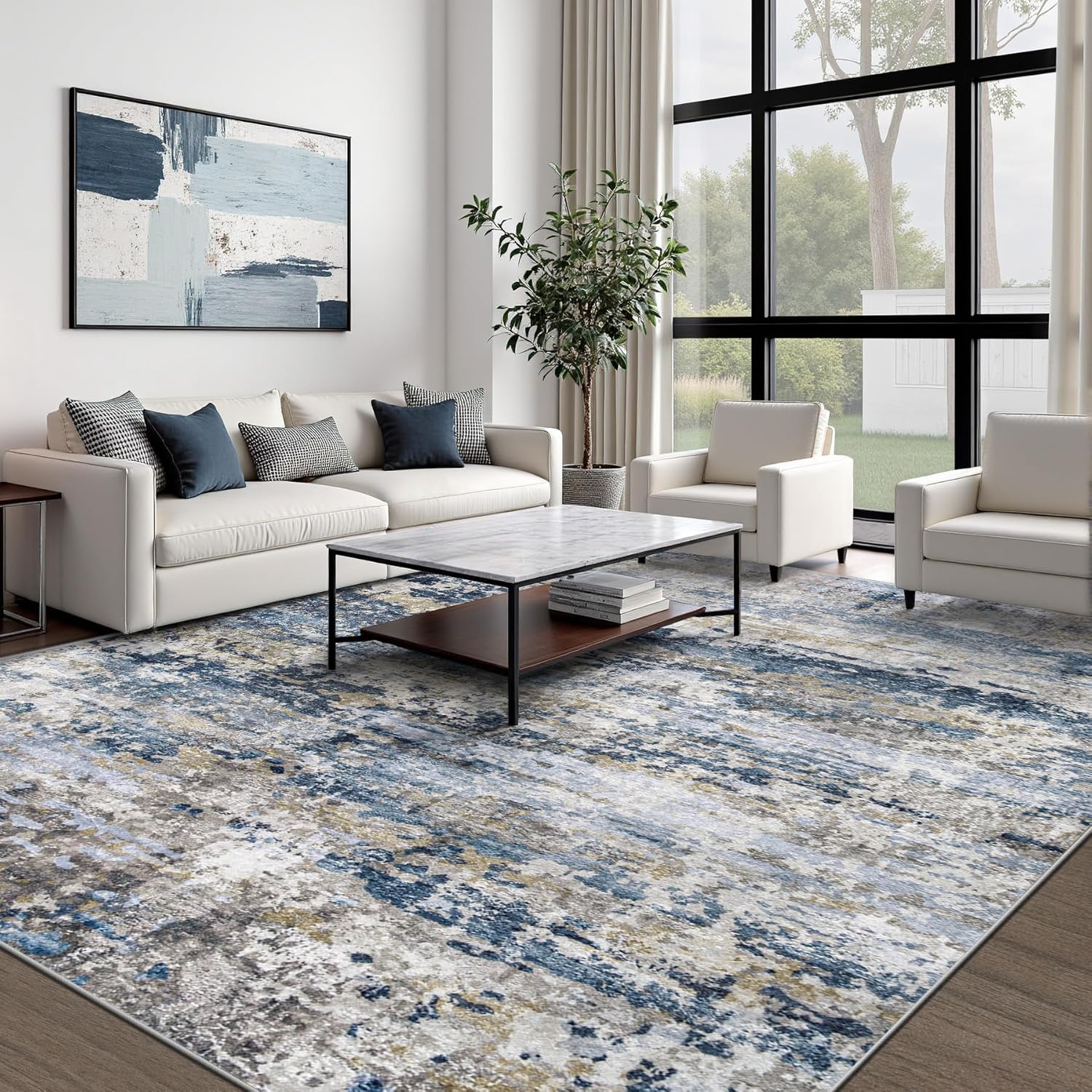 8×10′ Modern Abstract Area Rug, Washable, Soft Low-Pile, Non-Slip, Blue-Grey-Brown