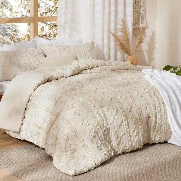 3-Piece Queen Tufted Boho Comforter Set, Beige, Soft Jacquard Embroidered Bedding, All-Season