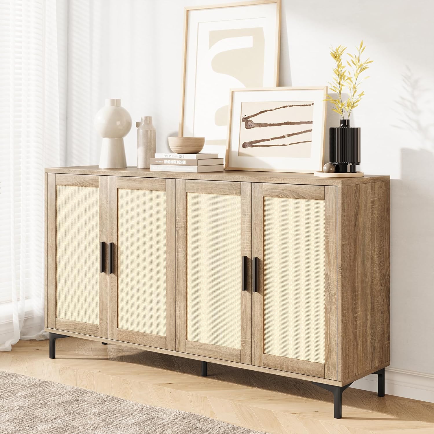 Rattan Door Sideboard Cabinet, Kitchen Buffet & Coffee Bar, 4 Doors, Natural