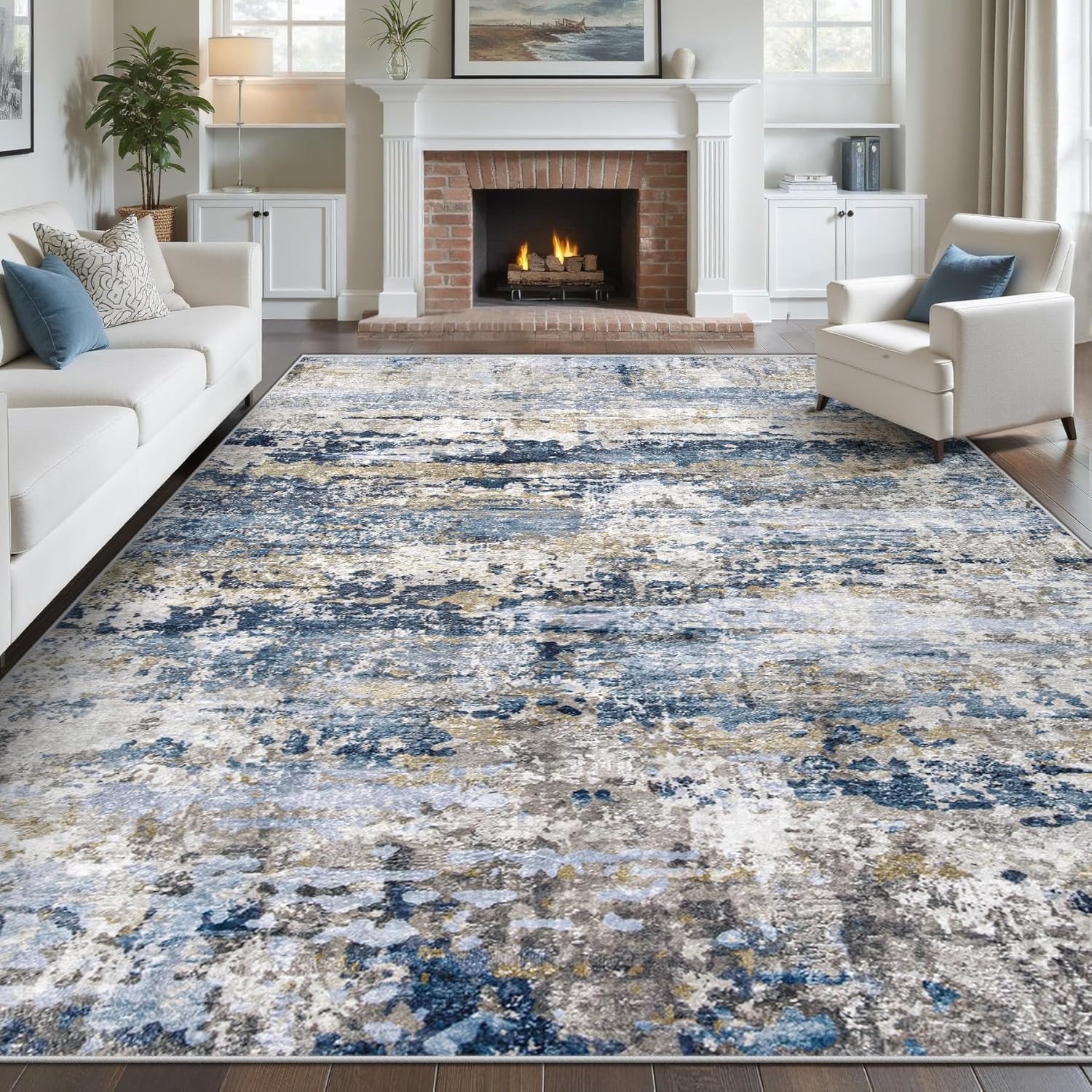 8×10′ Modern Abstract Area Rug, Washable, Soft Low-Pile, Non-Slip, Blue-Grey-Brown - Image 4