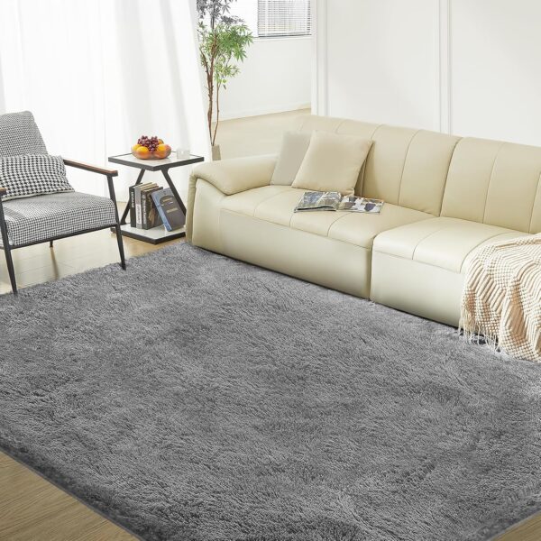 5×8′ Grey Shag Area Rug, Ultra-Soft, Fluffy, Anti-Skid, Bedroom & Living Room