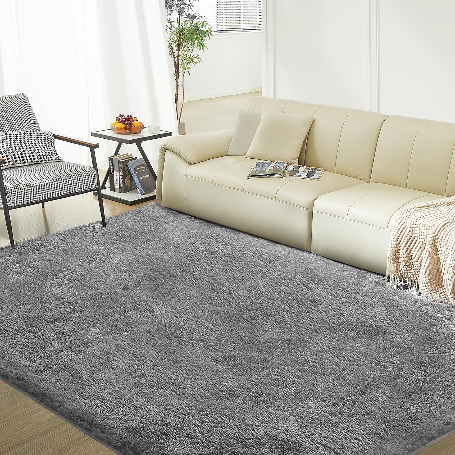 5×8′ Grey Shag Area Rug, Ultra-Soft, Fluffy, Anti-Skid, Bedroom & Living Room