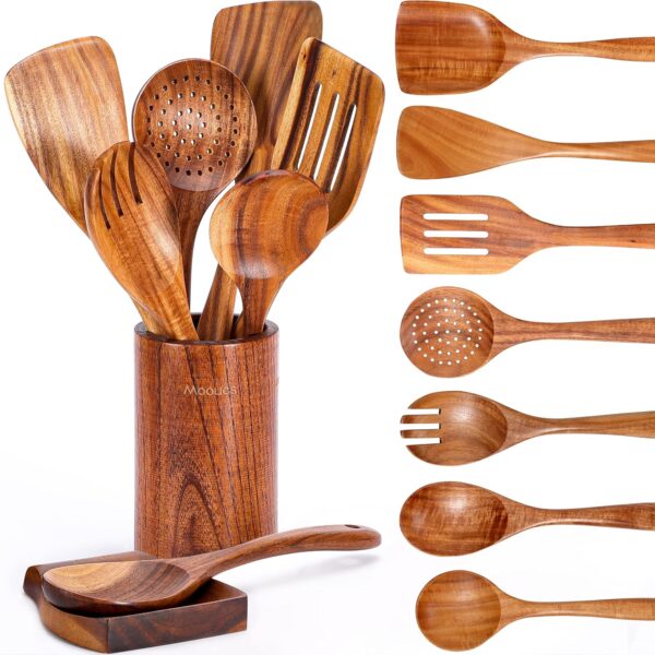 9-Piece Teak Wooden Kitchen Utensil Set with Spoon Rest, Comfort Grip Cooking Spoons & Holder