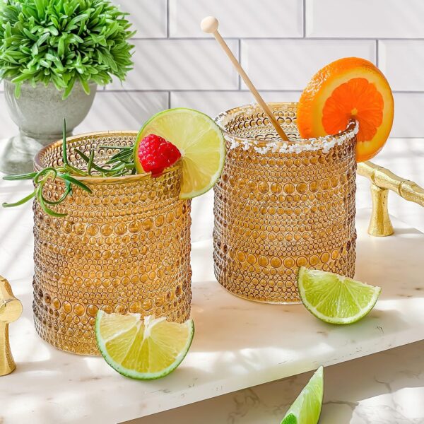 Beaded Amber Glasses Set of 6 – 10 oz Vintage Cocktail, Juice & Water Glasses, Hostess or Newlywed Gift