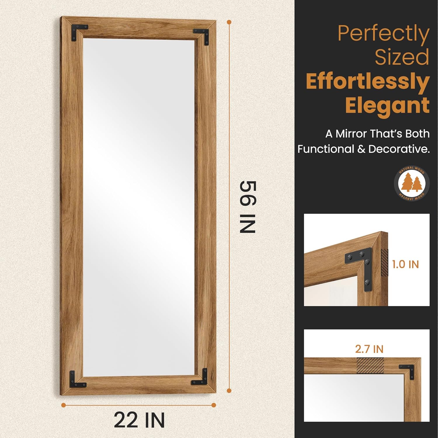 56×22″ Full-Length Solid Wood Floor & Wall Mirror, Farmhouse Style, Hanging or Leaning - Image 2