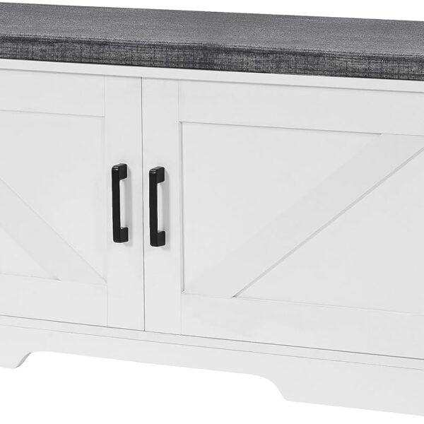 2 Tier Shoe Storage Bench with Cushion, Adjustable Shelf, White