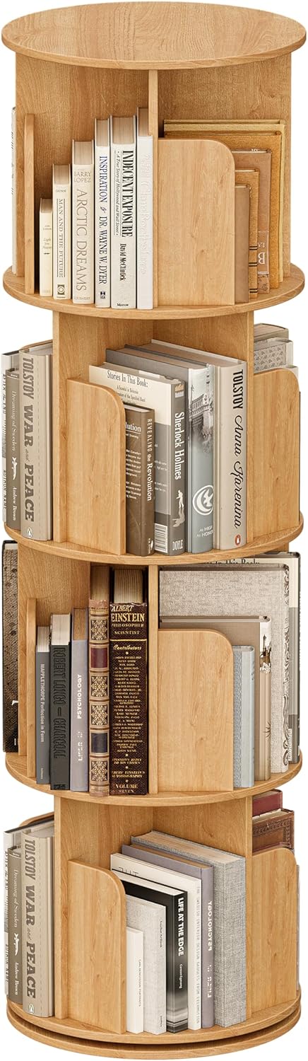 4 Tier Rotating Wooden Bookshelf, Space-Saving Storage Tower