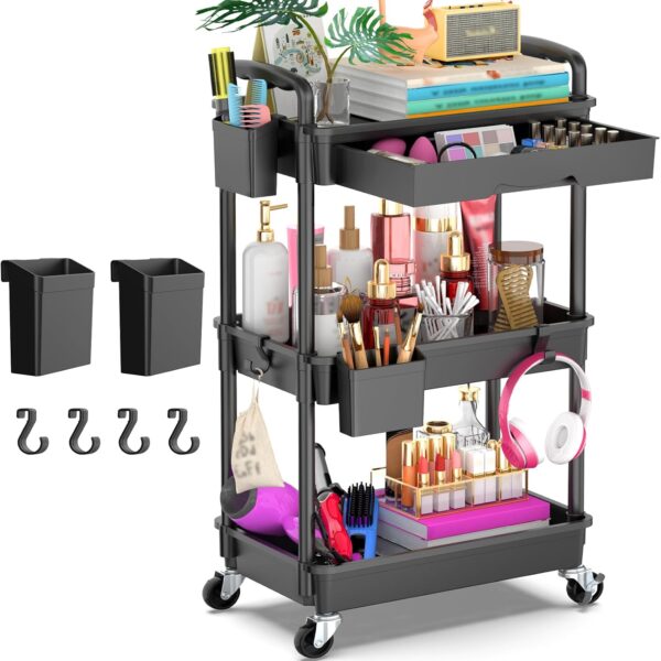 3-Tier Rolling Cart with Drawer, Lockable Wheels for Storage