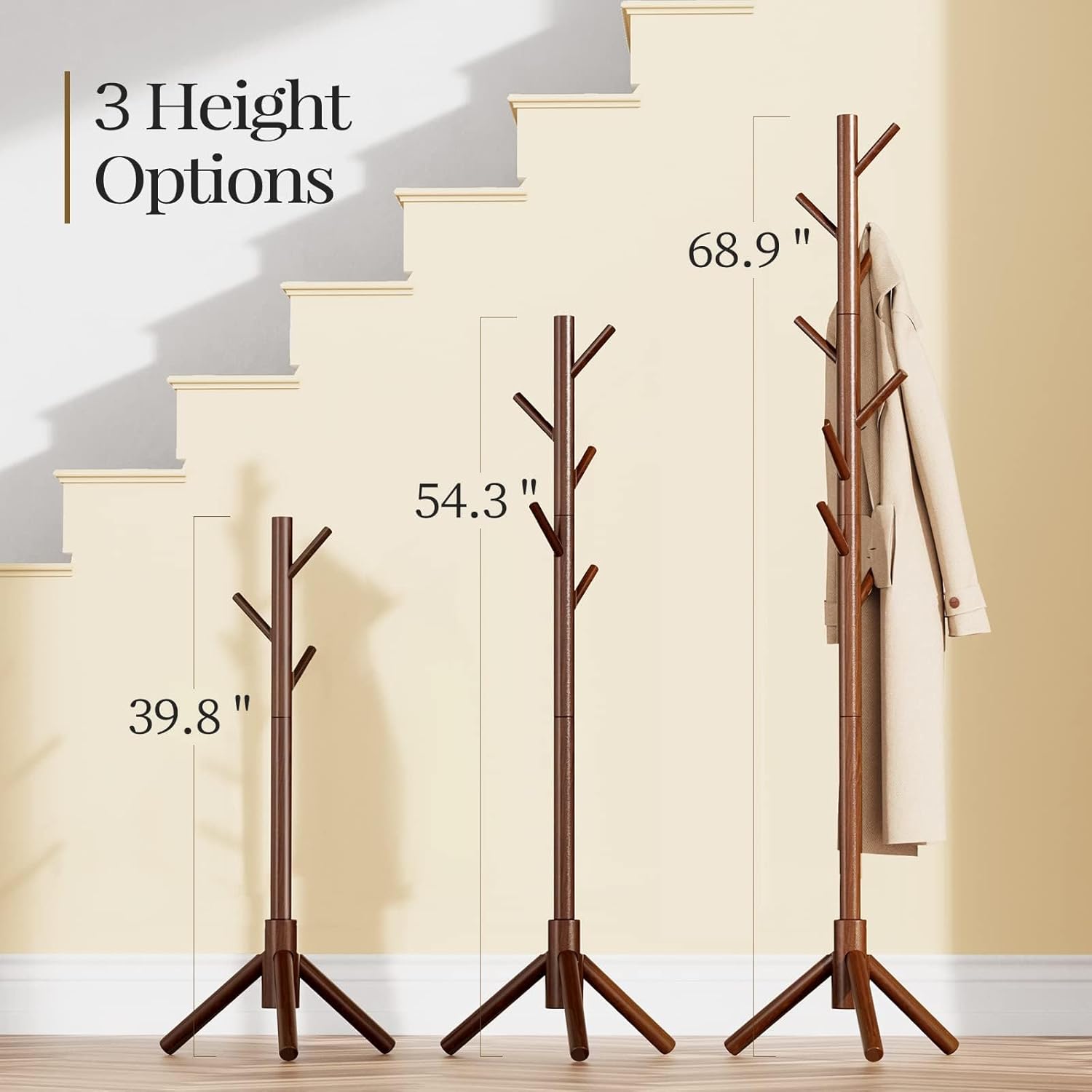 Wooden Coat Rack with 8 Hooks, Adjustable Height Stand - Image 3
