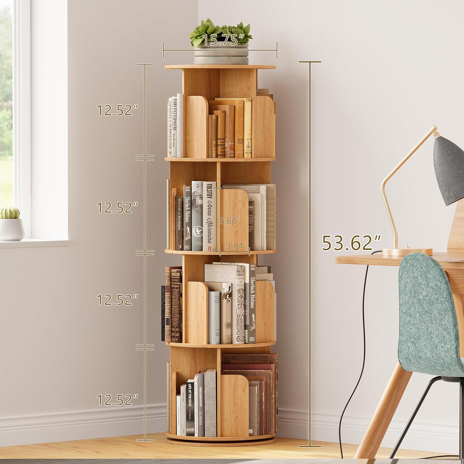 4 Tier Rotating Wooden Bookshelf, Space-Saving Storage Tower - Image 5