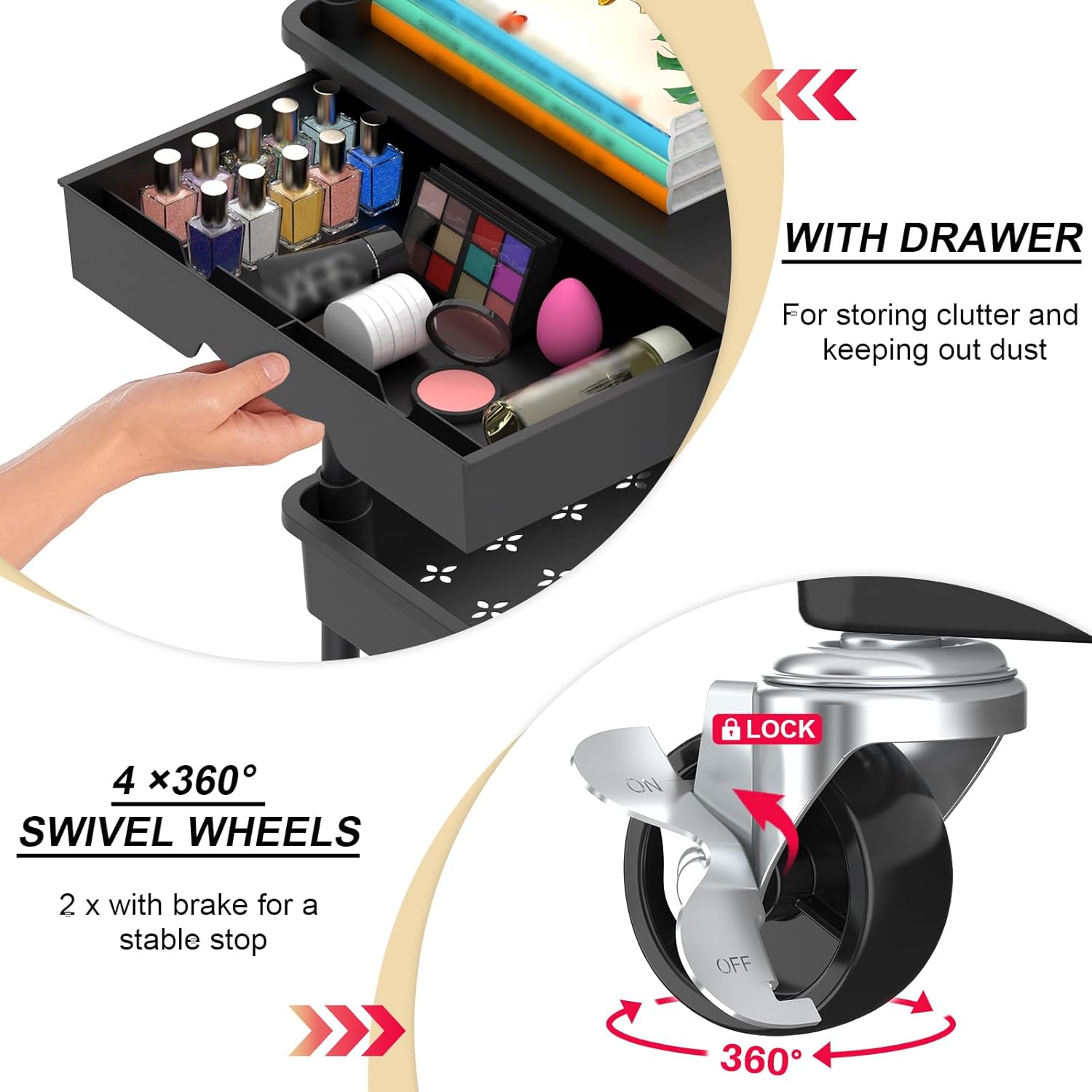 3-Tier Rolling Cart with Drawer, Lockable Wheels for Storage - Image 3