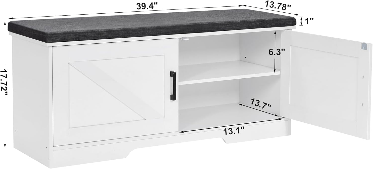 2 Tier Shoe Storage Bench with Cushion, Adjustable Shelf, White - Image 3