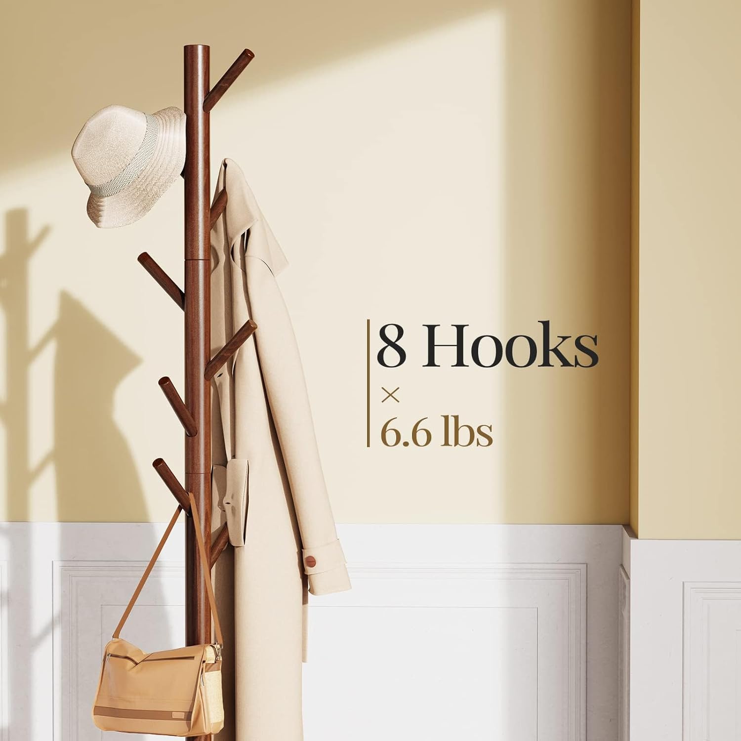 Wooden Coat Rack with 8 Hooks, Adjustable Height Stand - Image 4