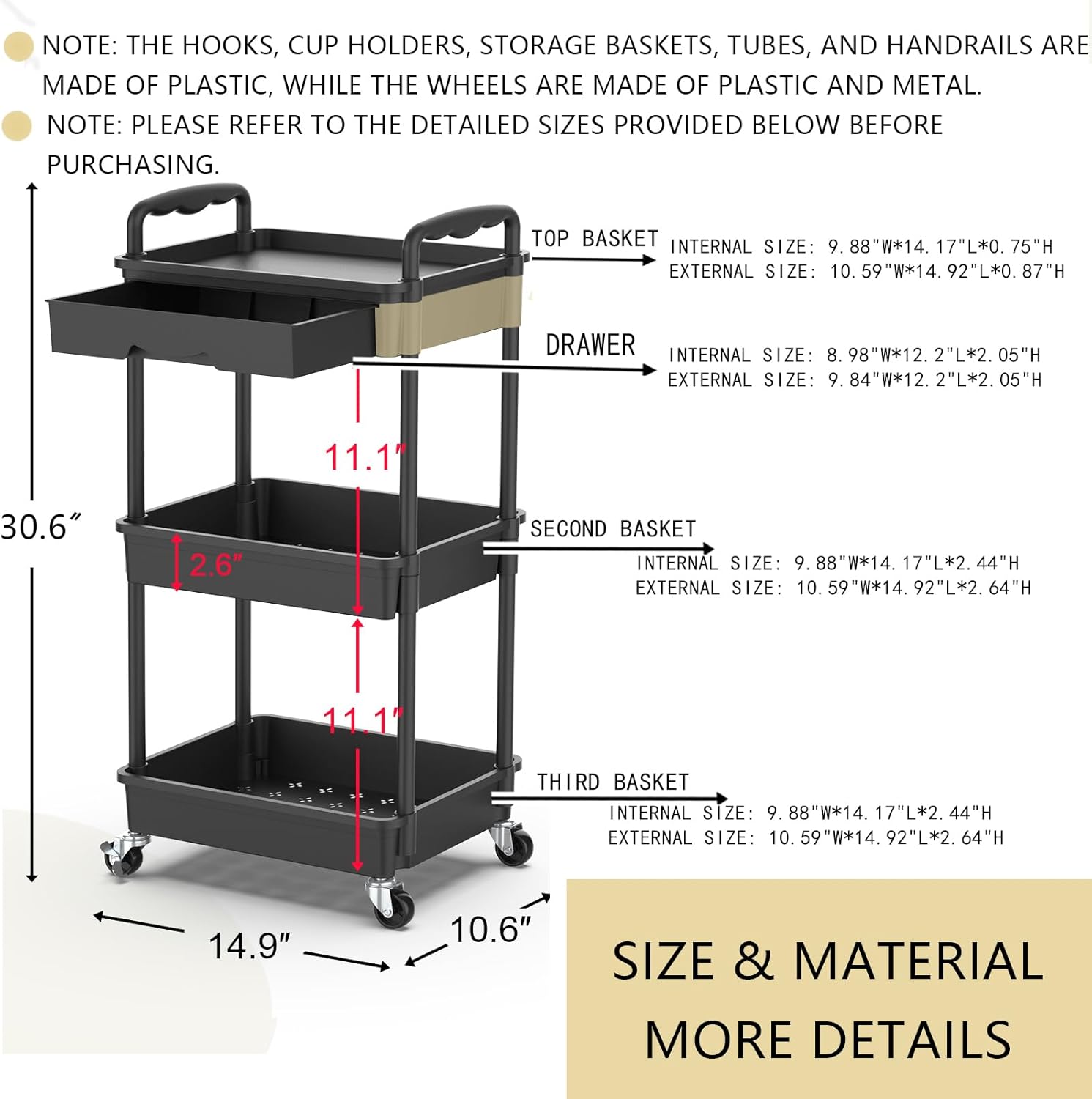3-Tier Rolling Cart with Drawer, Lockable Wheels for Storage - Image 5