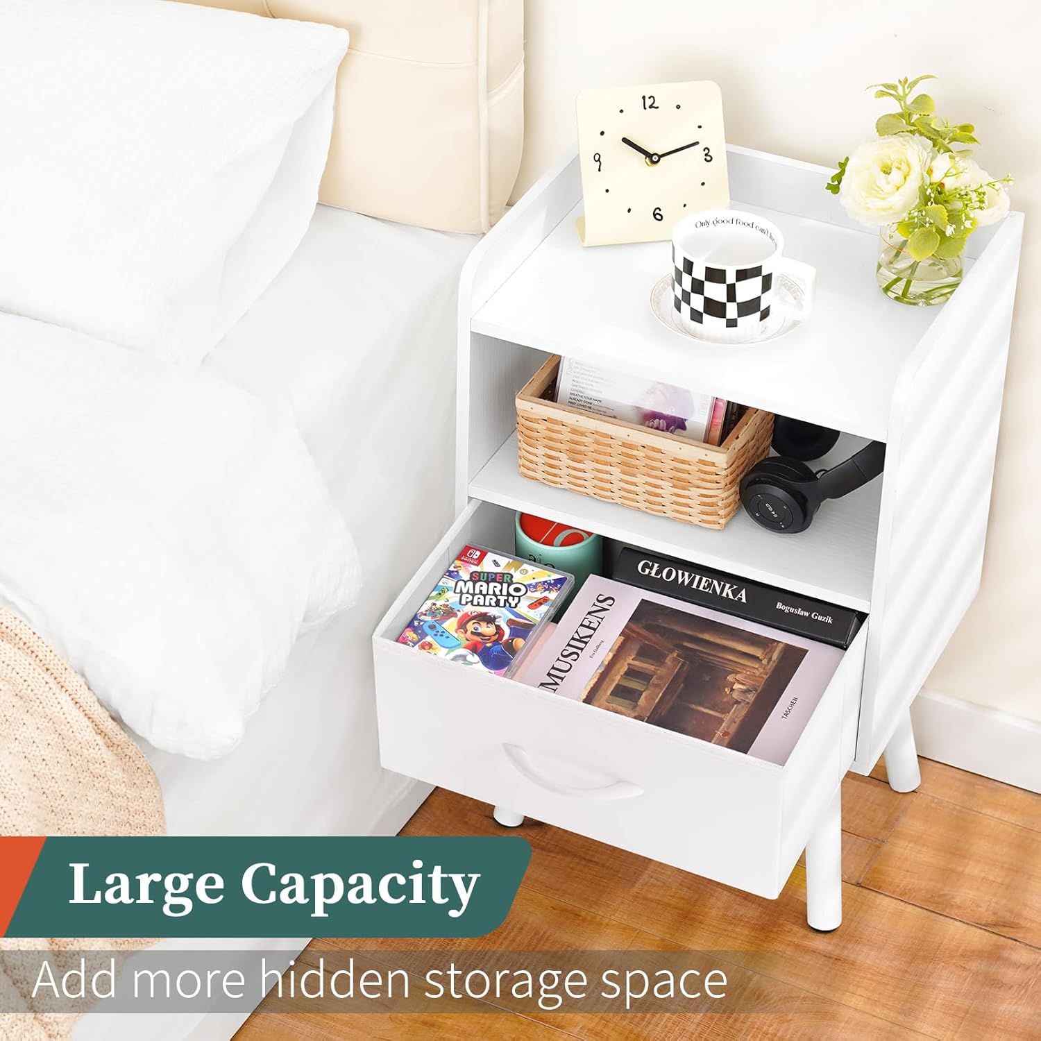 2 Tier Modern Nightstand with Drawer, Bedside Table, Wood - Image 3