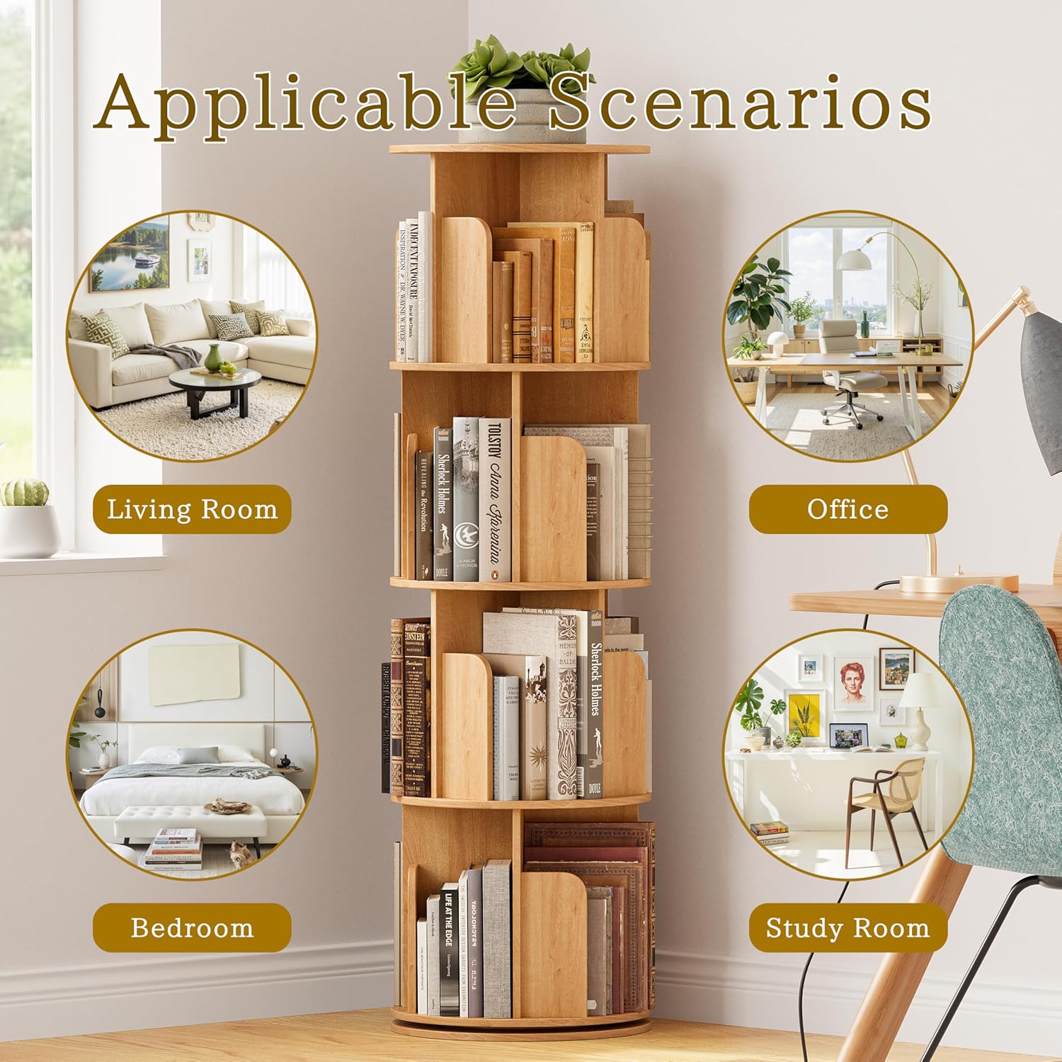 4 Tier Rotating Wooden Bookshelf, Space-Saving Storage Tower - Image 3