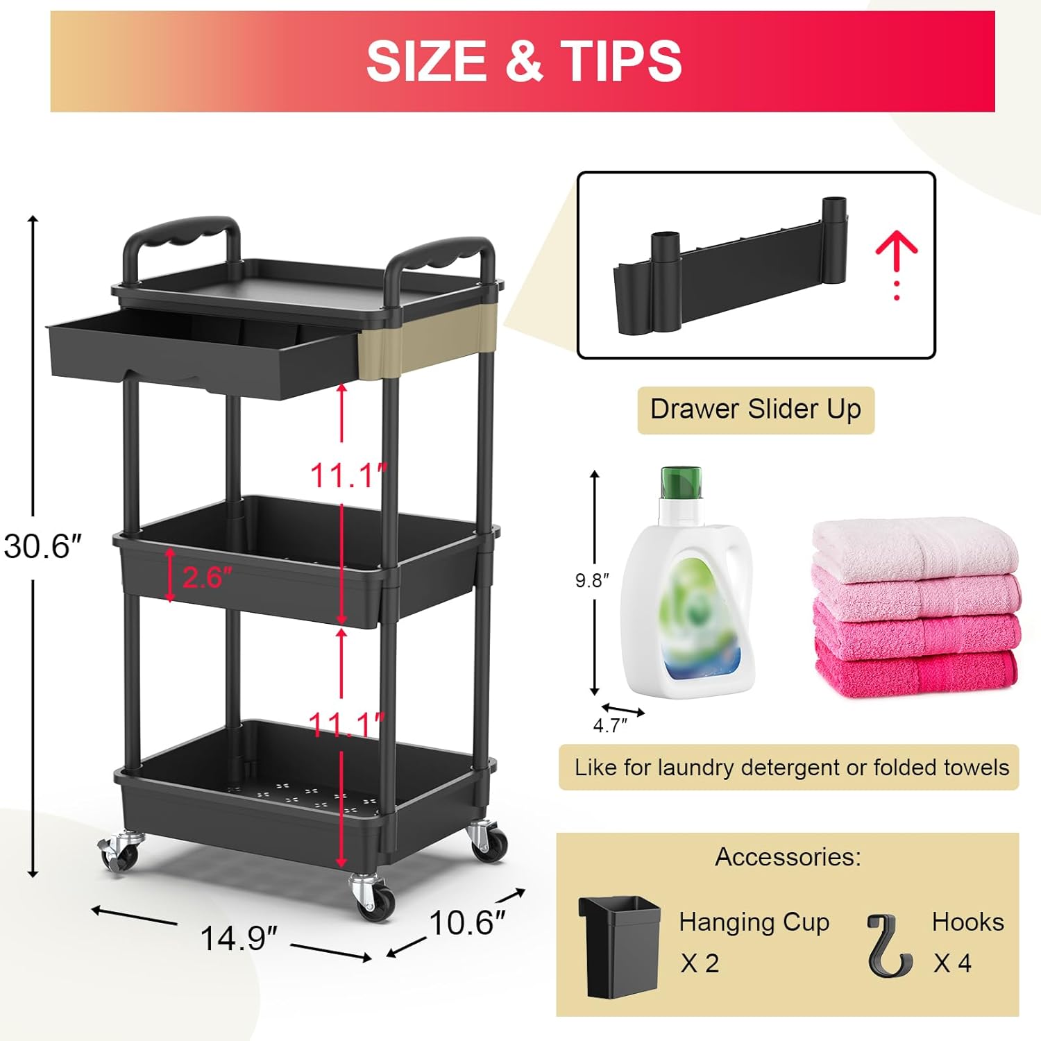 3-Tier Rolling Cart with Drawer, Lockable Wheels for Storage - Image 4