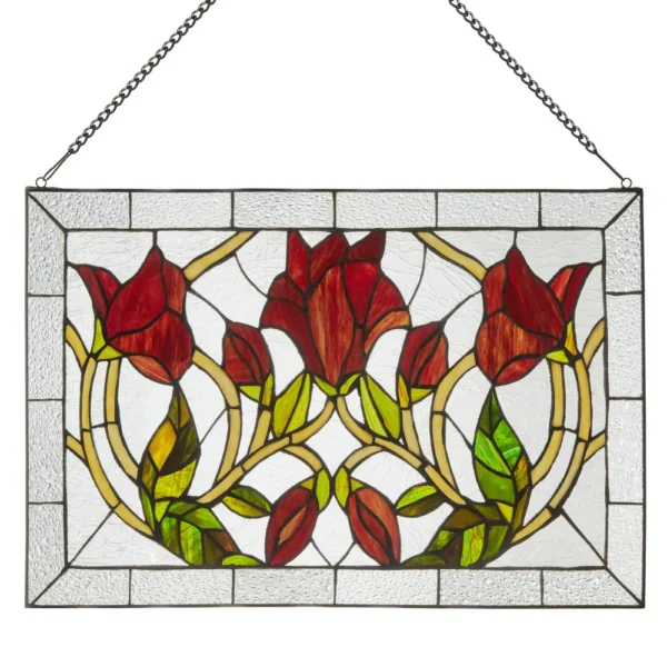 Crimson Floral Vines Stained Glass Window Panel, Multicolored Art