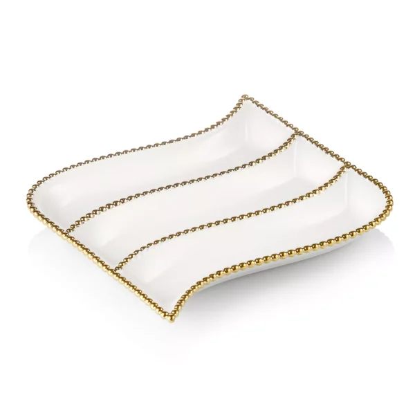Porcelain Cracker Dish with Three Dividers and Gold Trim