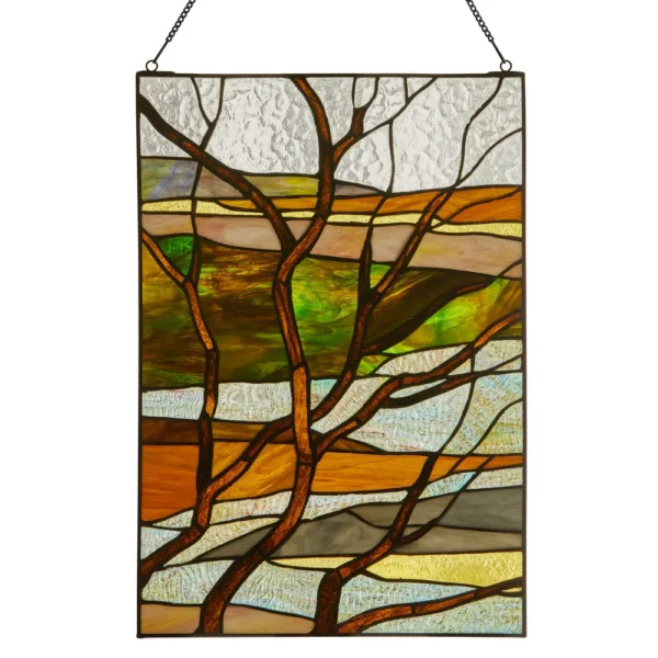Bare Autumn Trees Silhouetted in Hand-Cut Tiffany Glass
