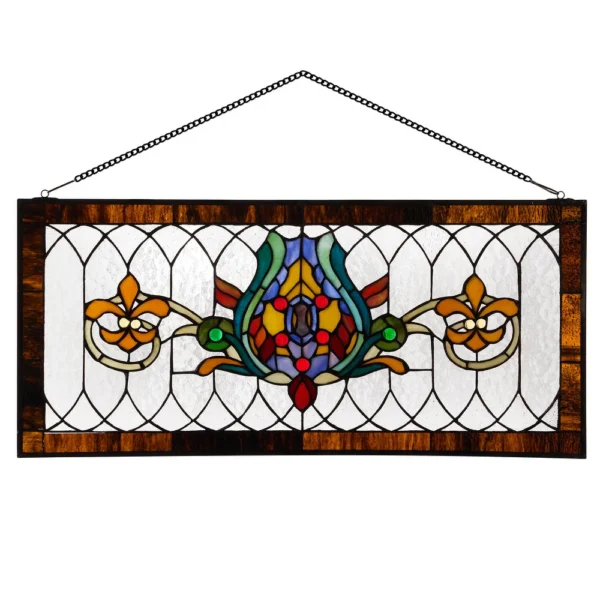 Sunlit Leaded Fleur de Lis Jewel-Toned Stained Glass Window Panel