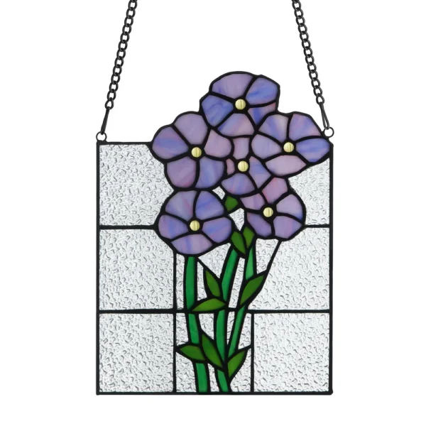 Purple and Green Stained Glass Forget-Me-Not Window Panel