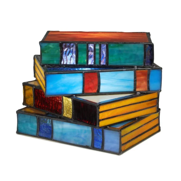 Multi-Colored Stained Glass Accent Lamp Shaped Like Books