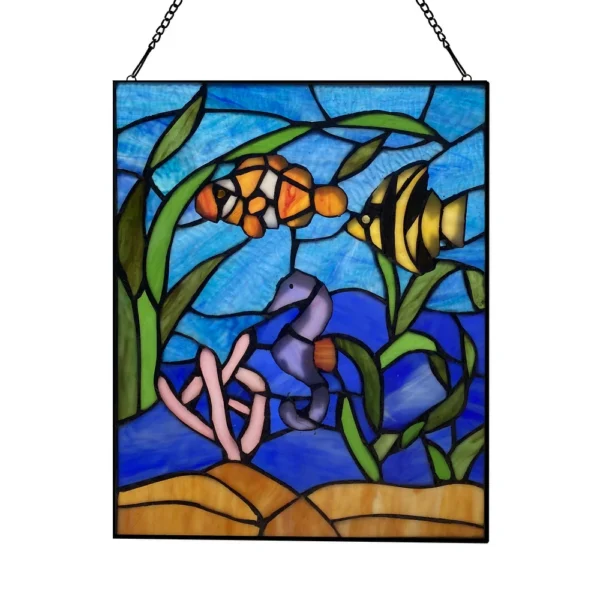 Vibrant Deep-Sea Fish Scene Handcrafted Multicolored Stained Glass Panel